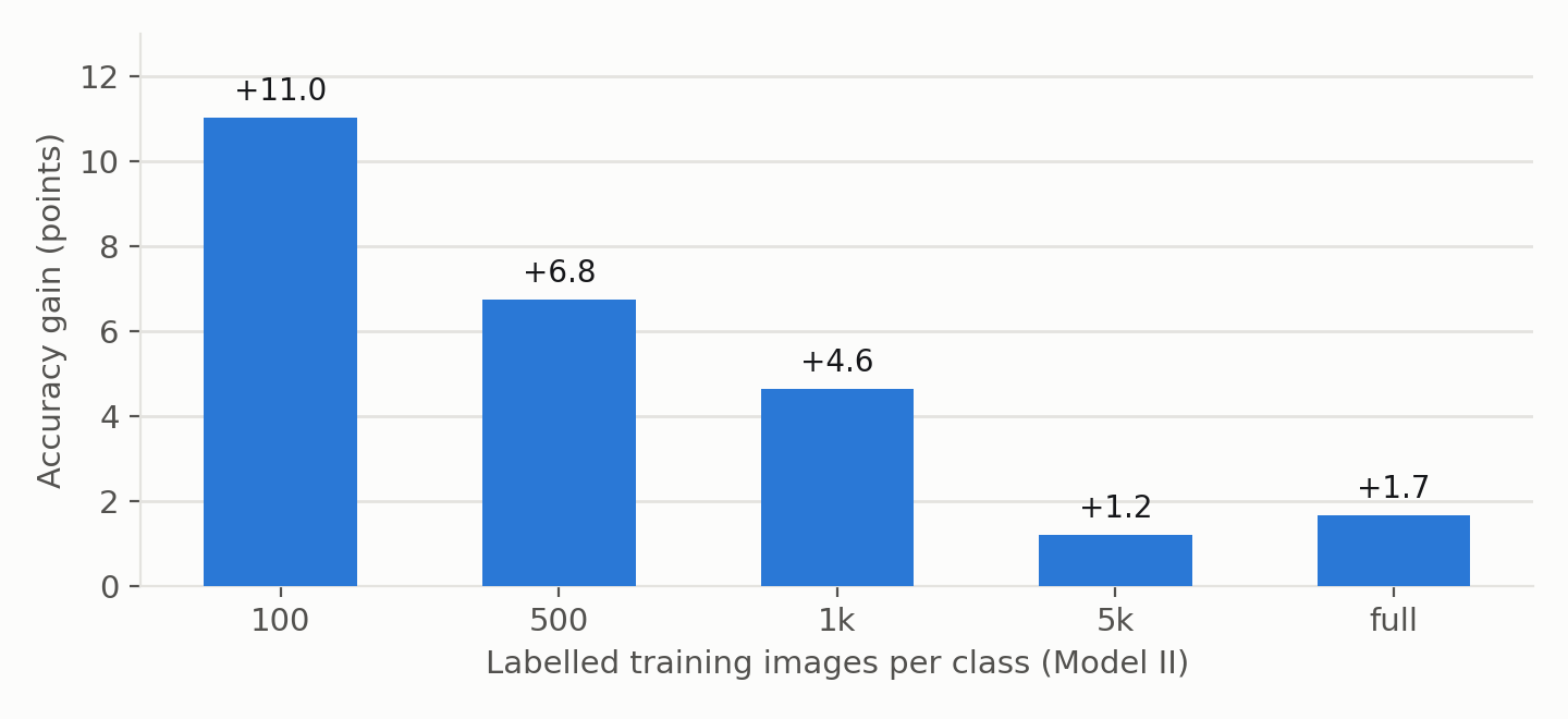 Bar chart of the accuracy gain from the two lensing terms at each label budget: +11.0, +6.8, +4.6, +1.2, +1.7 points.