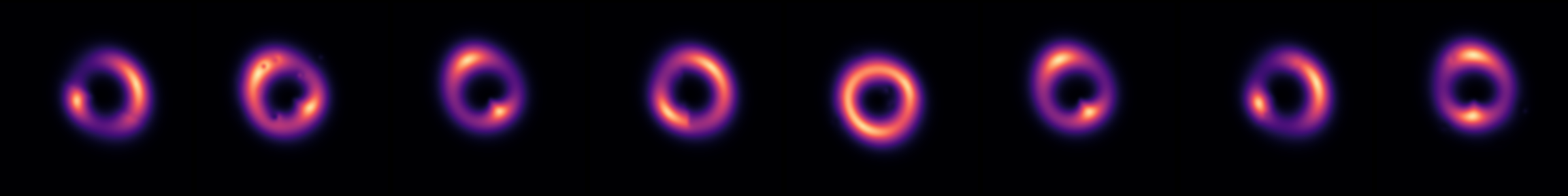 Eight simulated strong lens images from the Model III test set, shown as glowing rings.